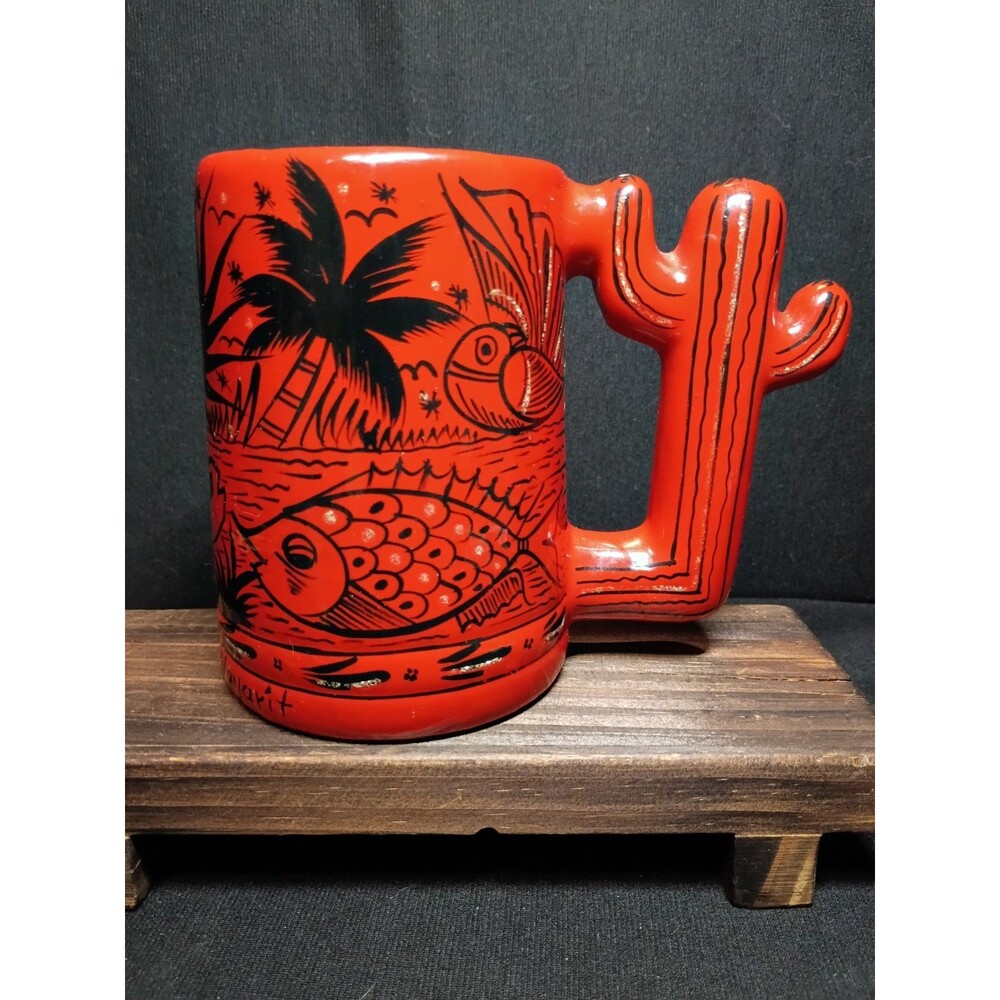 San Blas Nayarit Mexico Folk Art Pottery Mug Cactus Handle Hand Painted Red